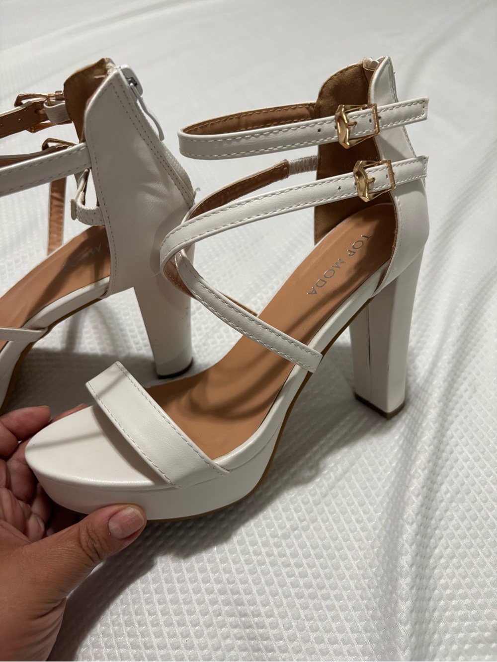 TOP Moda White Strappy Platform Heels with Gold Buckles - Picture 6 of 11